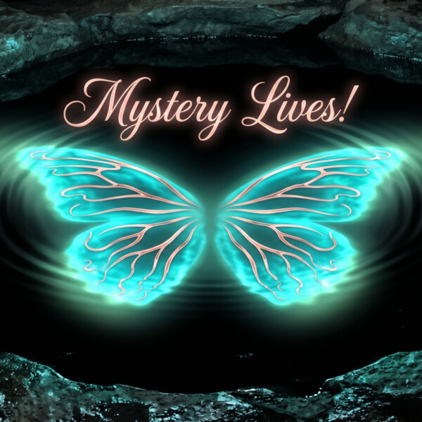 Blurred Lines podcast cover art: Mystery Lives — a glowing turquoise butterfly with rose gold filigree veins emerging from a dark cavern