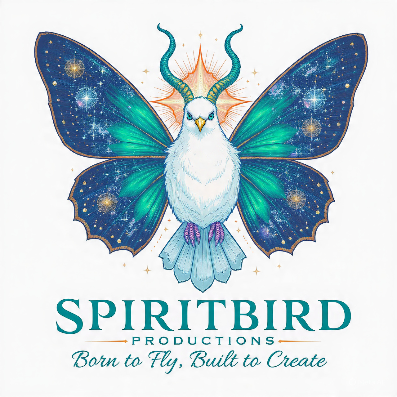 Spiritbird Productions&trade; logo: a white dove with turquoise eyes and butterfly galaxy wings in shades of turquoise, midnight navy, and rose gold stars